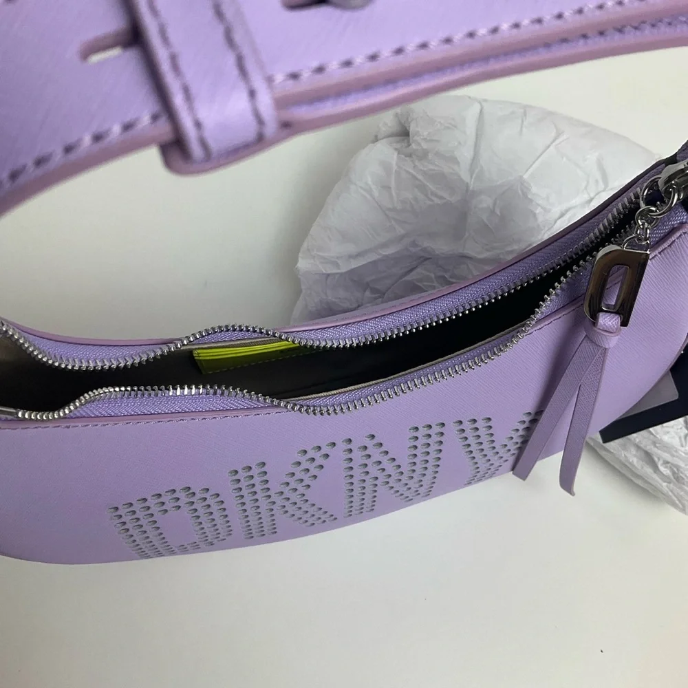 DKNY Essex Saffiano 100% Cow Leather Shoulder Bag in a purple colorway
